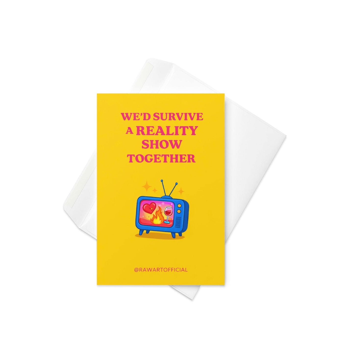 Funny birthday card with text “We’d survive a reality show together” and a retro TV illustration on a yellow background