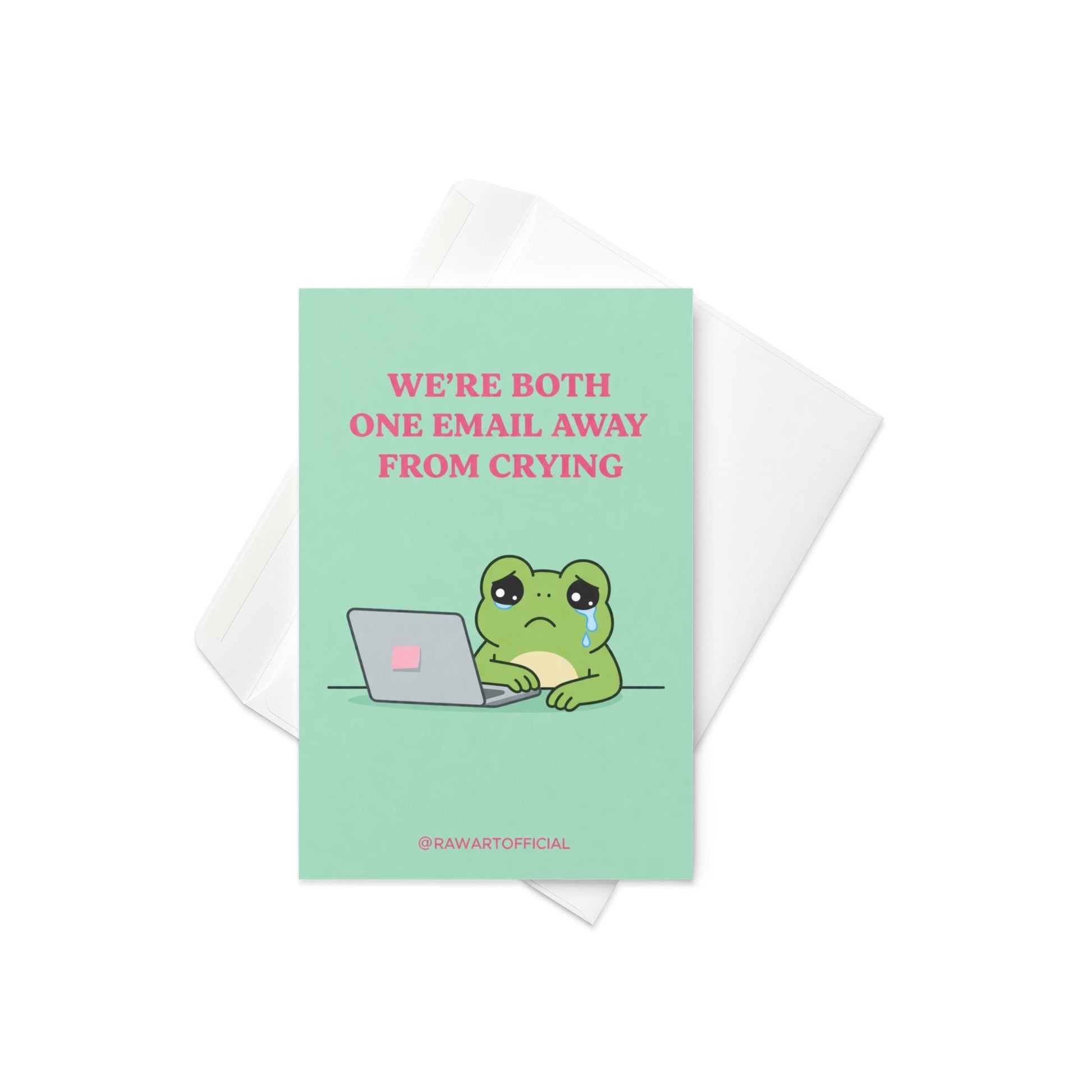 Funny coworker birthday card with text “we’re both one email away from crying” on a soft green background
