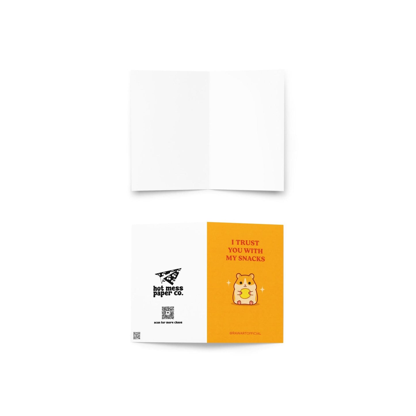 Funny love card featuring a cute hamster holding a chip with text “I trust you with my snacks” on a yellow background
