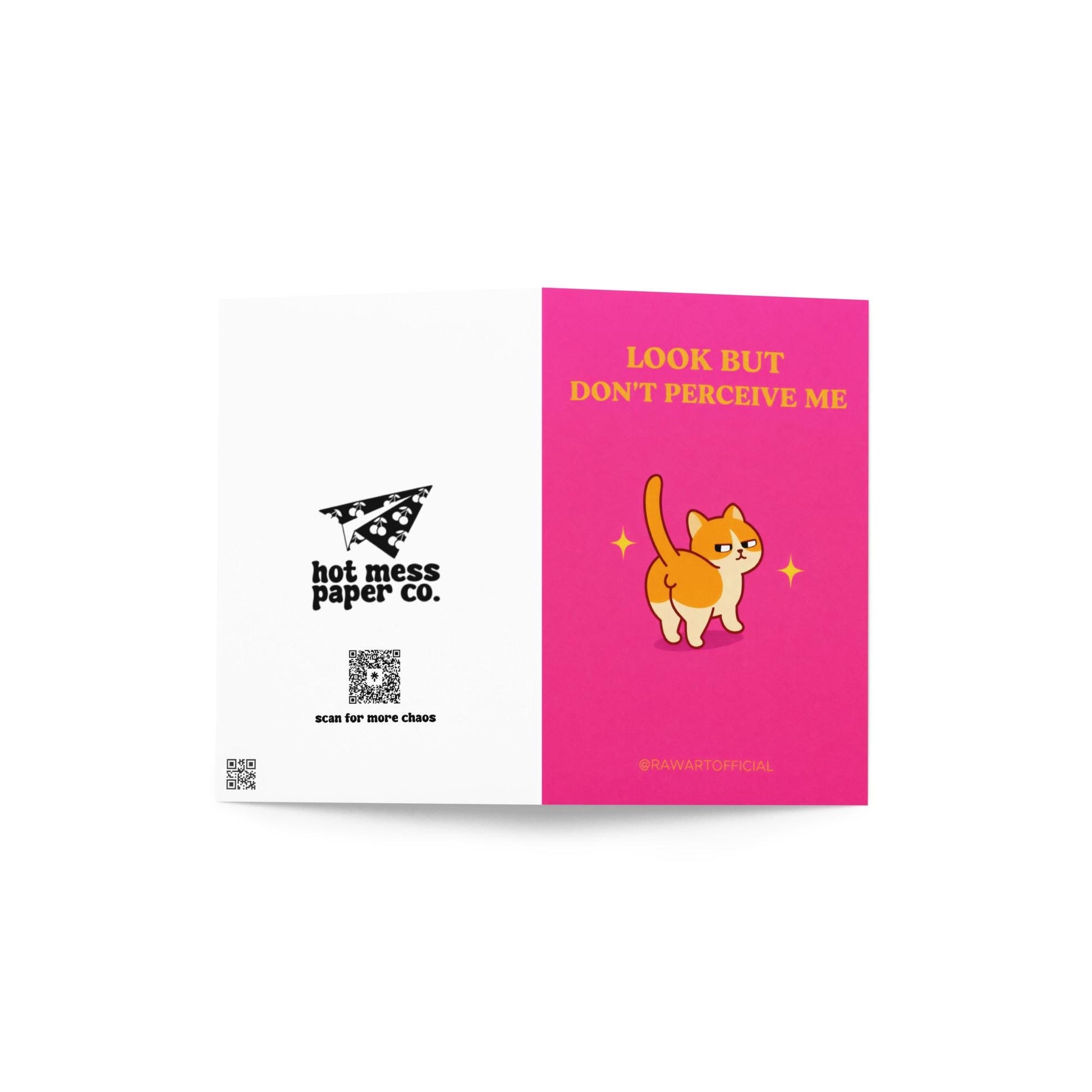 Funny birthday card with text “Look but don’t perceive me” and a sassy cartoon cat on a pink background