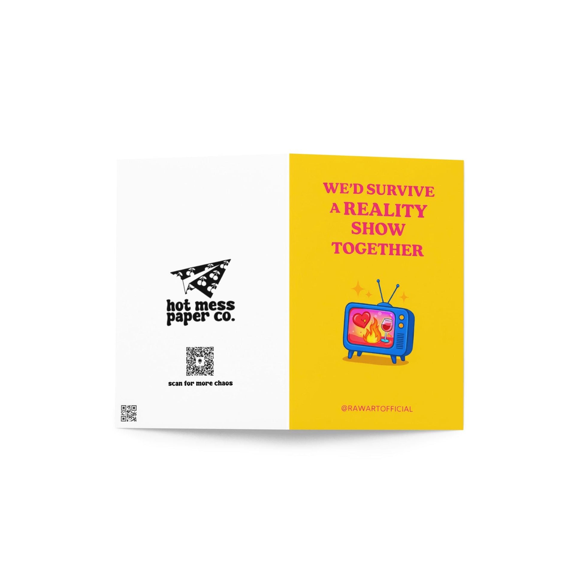 Funny birthday card with text “We’d survive a reality show together” and a retro TV illustration on a yellow background