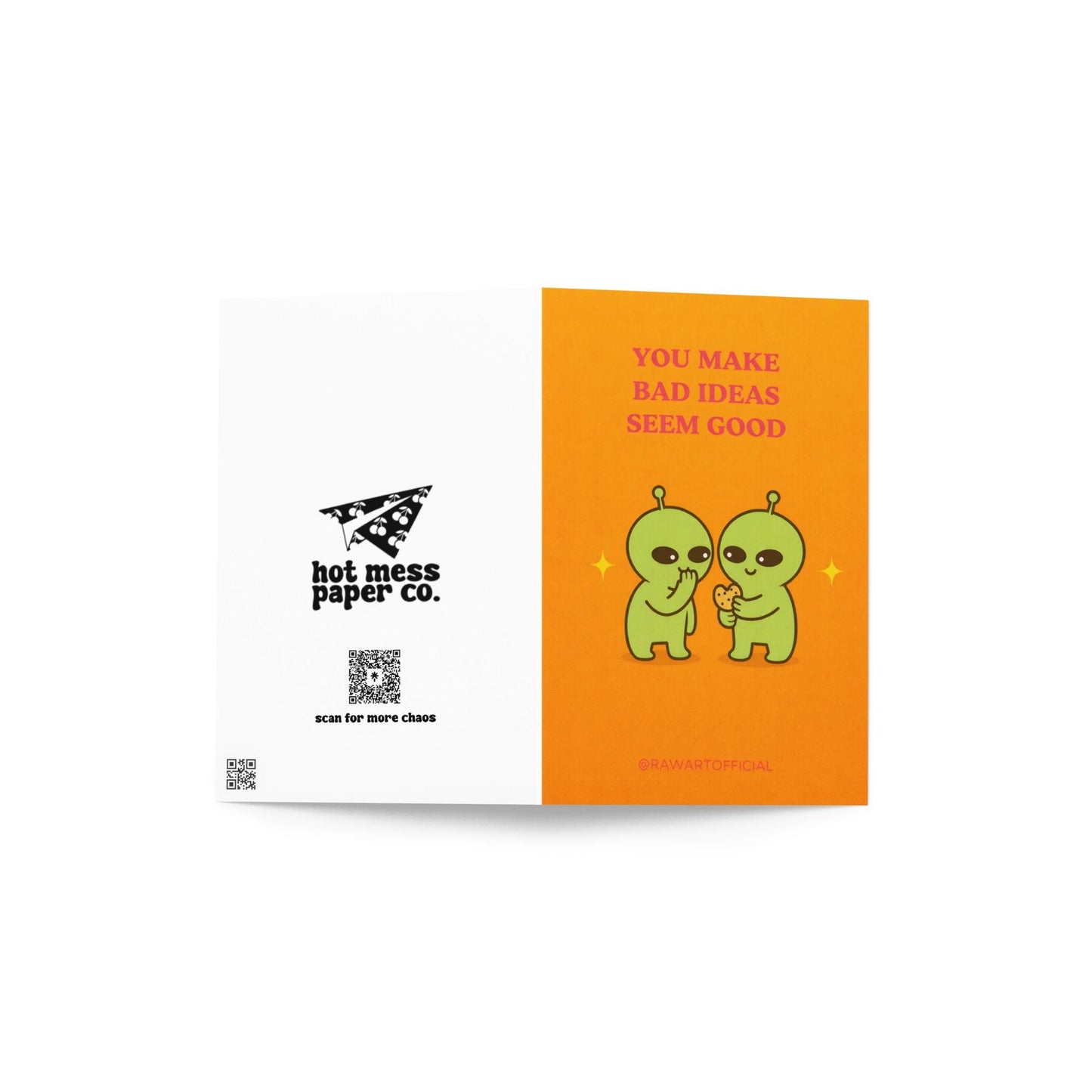 Funny birthday card with text “You make bad ideas seem good” and two cartoon characters sharing a cookie on an orange background