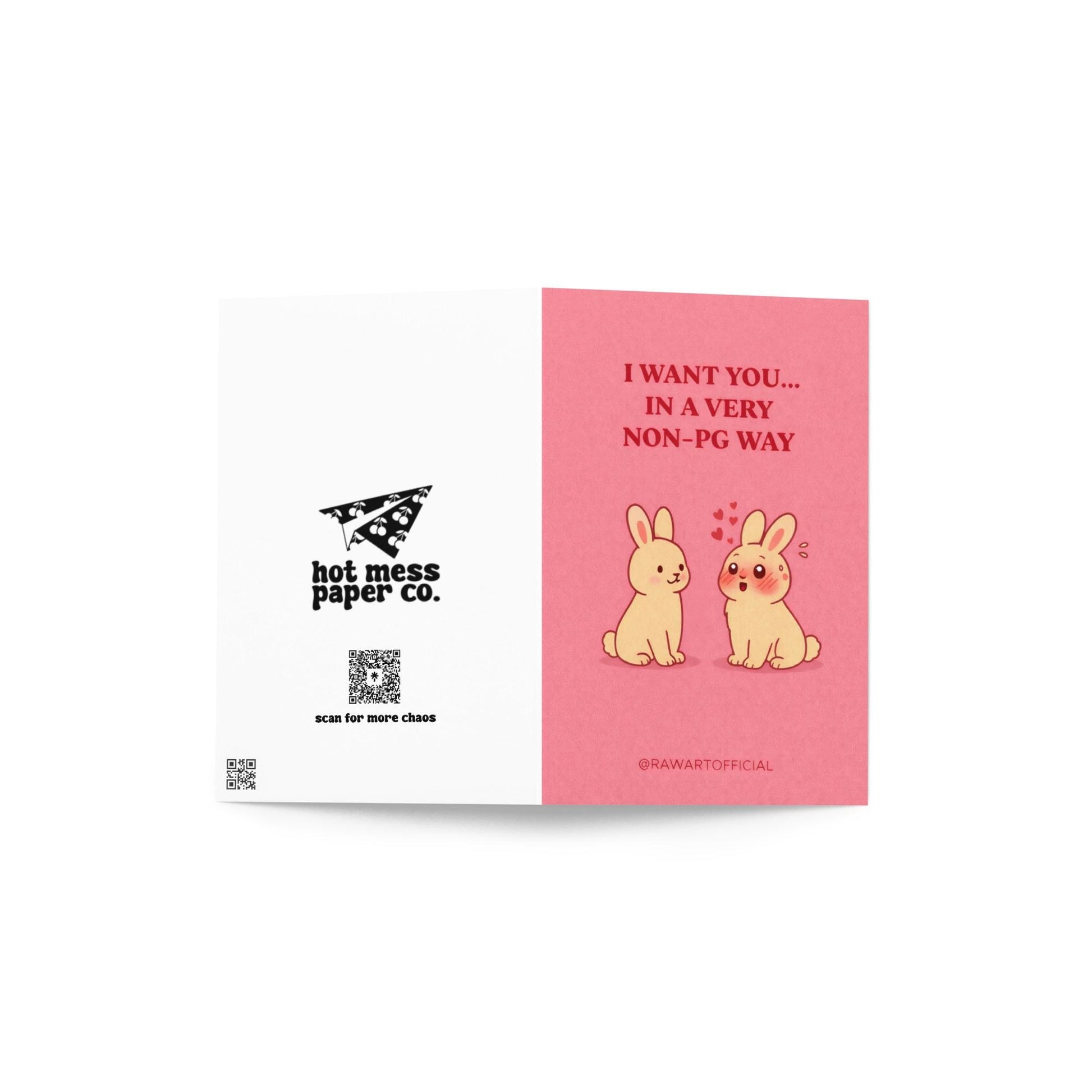 Funny romantic card with two bunnies and text “I want you in a very non PG way” on a pink background