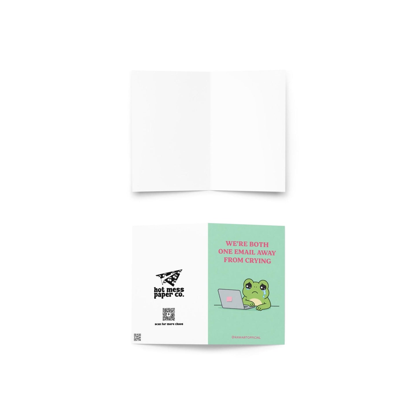 Funny coworker birthday card with text “we’re both one email away from crying” on a soft green background