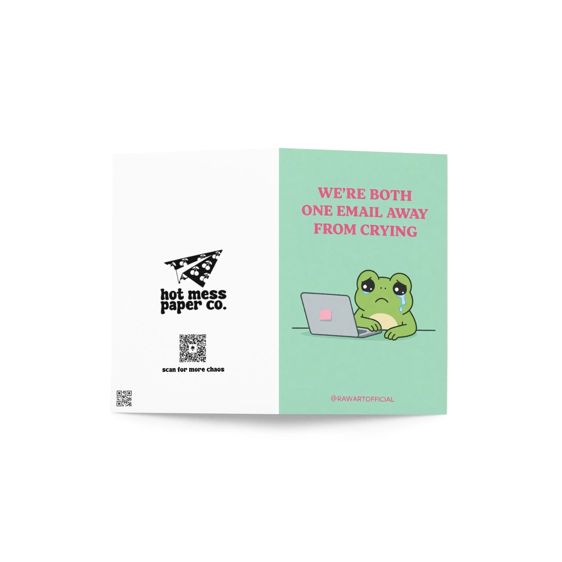 Funny coworker birthday card with text “we’re both one email away from crying” on a soft green background