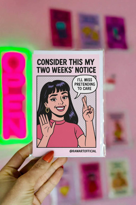 Funny resignation design reading “consider this my two weeks notice” with retro comic style woman making a peace sign and sarcastic speech bubble