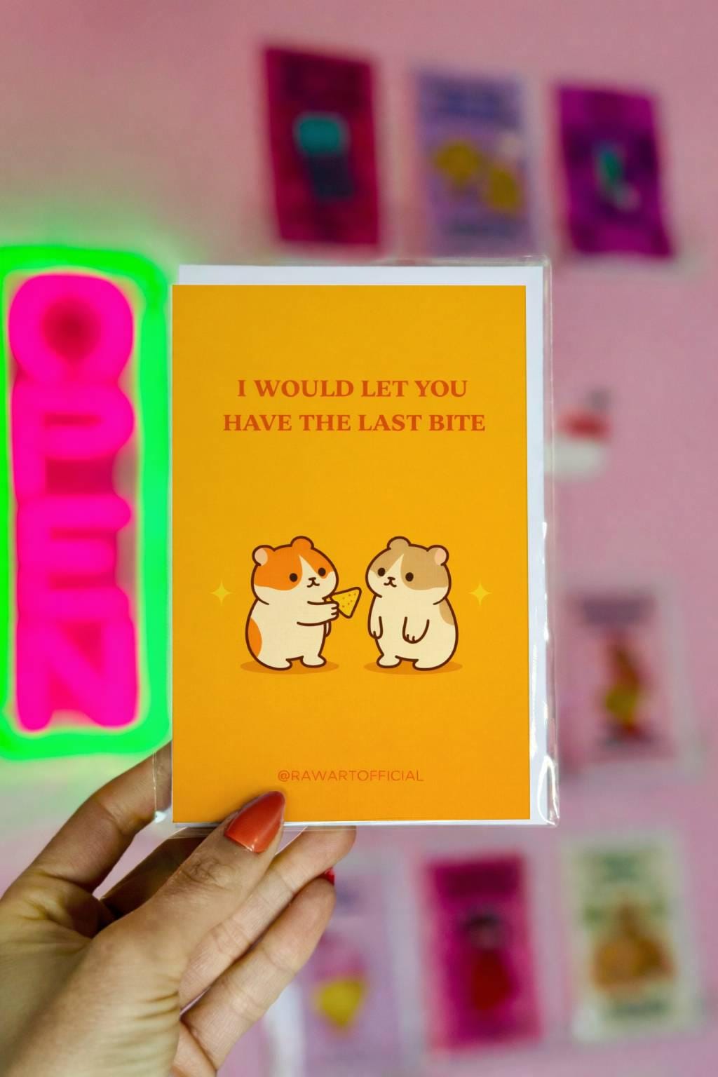 Cute romantic greeting card with two characters sharing food and text “I would let you have the last bite” on yellow background