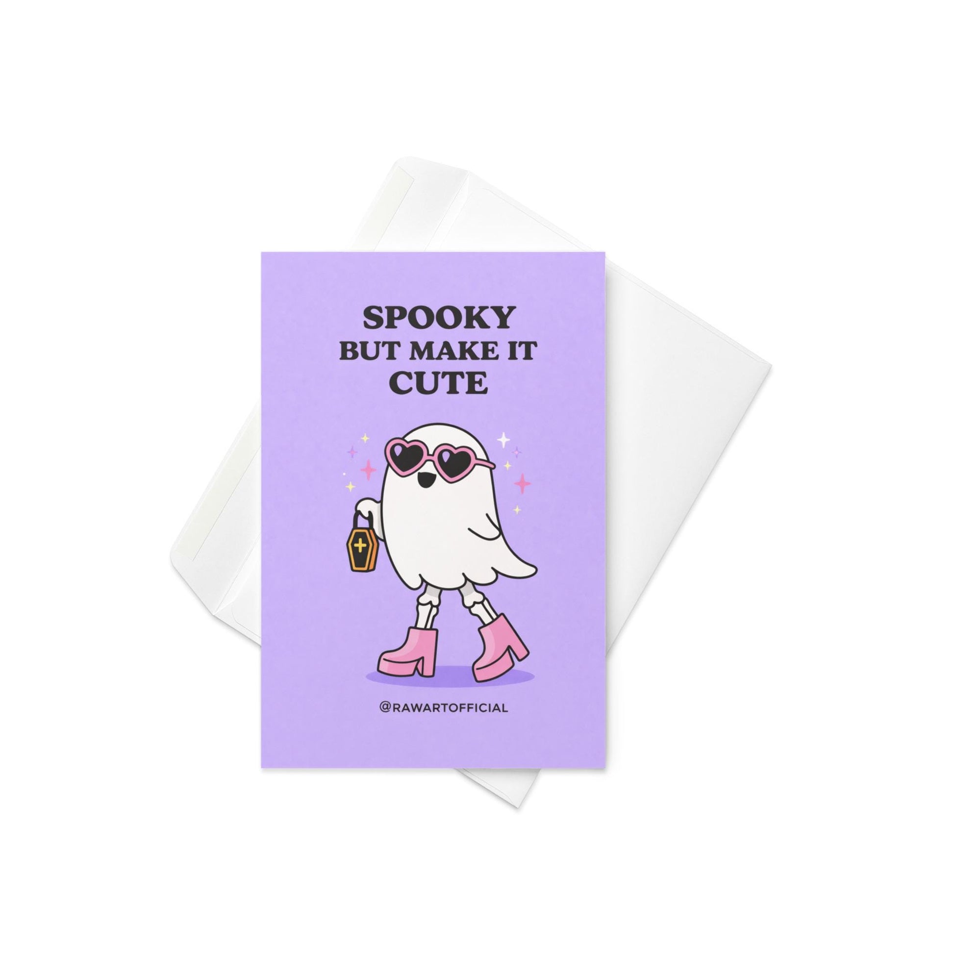 Spooky ghost greeting card with pink heart sunglasses and boots holding coffin bag on purple background with “Spooky but make it cute” text