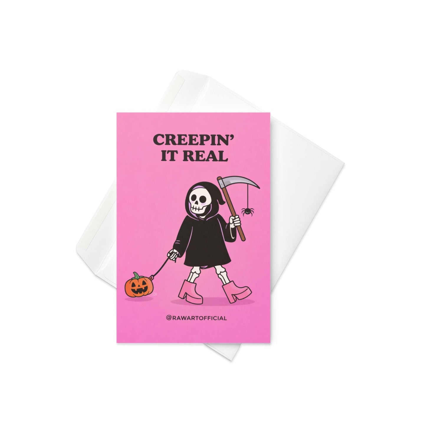 Funny spooky greeting card with skeleton holding scythe and pumpkin, text “creepin it real” on pink background
