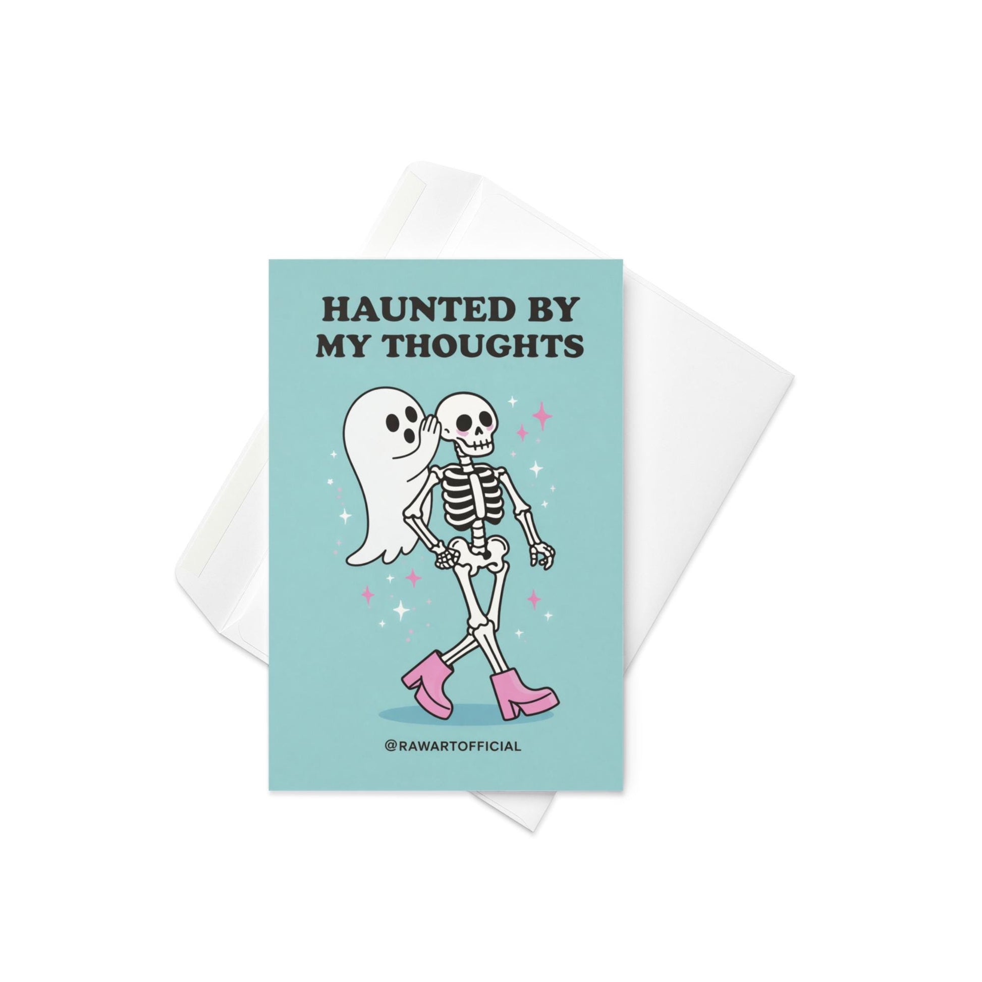 Spooky ghost greeting card with ghost whispering to skeleton and text “Haunted by my thoughts” on blue background