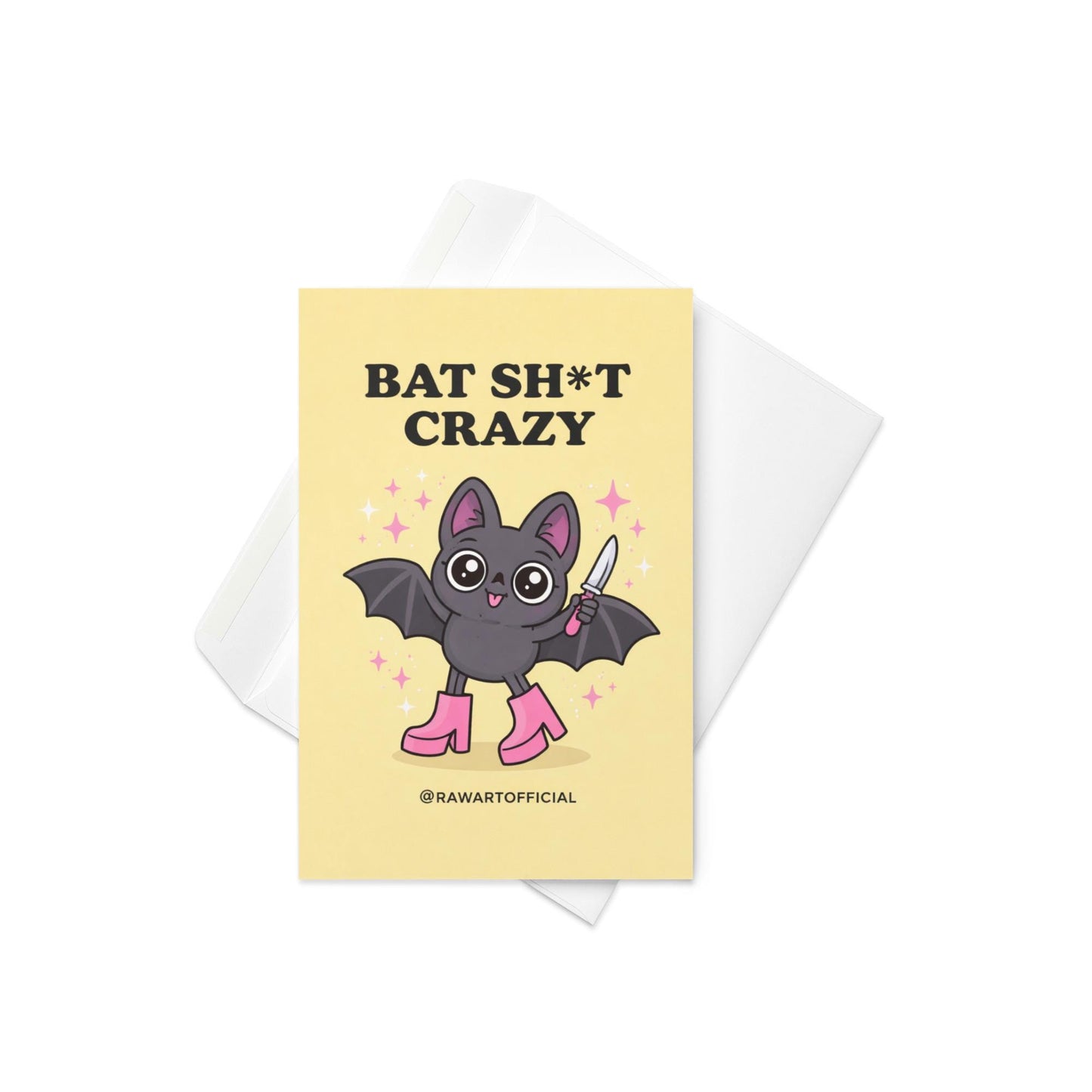 Spooky bat greeting card with cute bat holding knife and text “Batshit Crazy” on yellow background