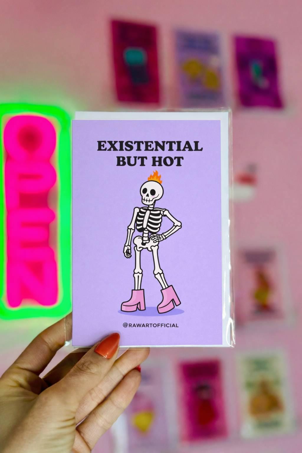Funny greeting card with skeleton in pink boots and text “existential but hot” on purple background