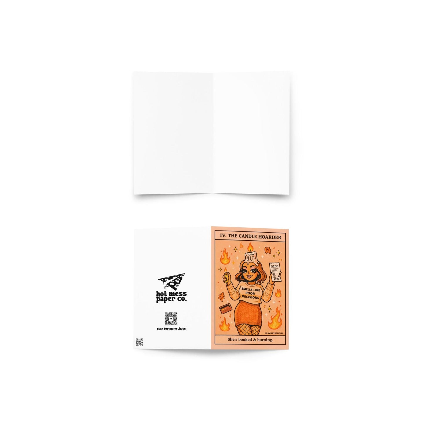 Funny tarot style greeting card with woman holding candles and receipt, text “the candle hoarder” on warm orange background