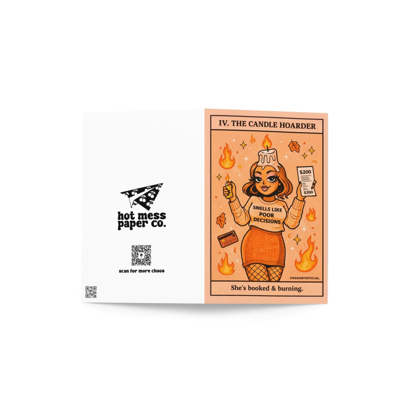 Funny tarot style greeting card with woman holding candles and receipt, text “the candle hoarder” on warm orange background