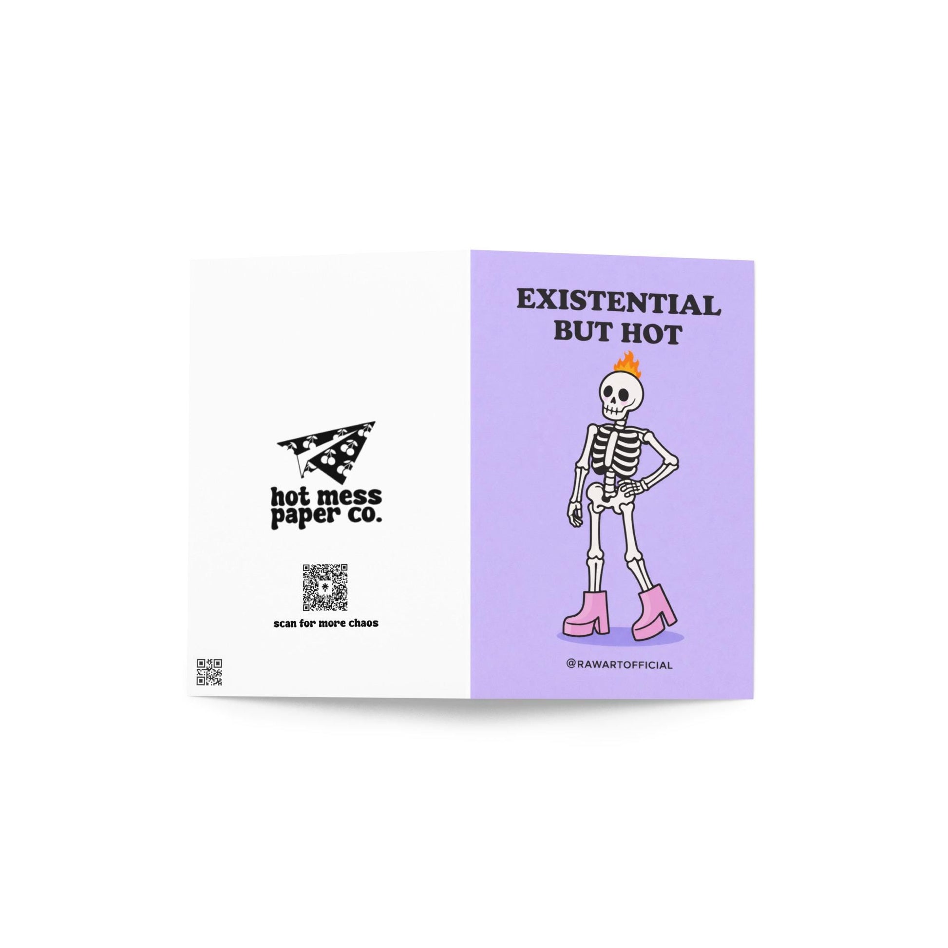 Funny greeting card with skeleton in pink boots and text “existential but hot” on purple background