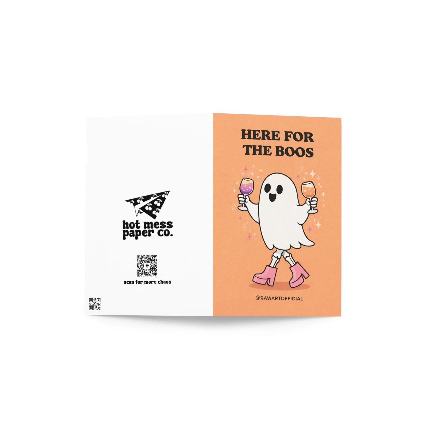 Spooky ghost greeting card with “here for the boos” drinking joke on festive Halloween style background