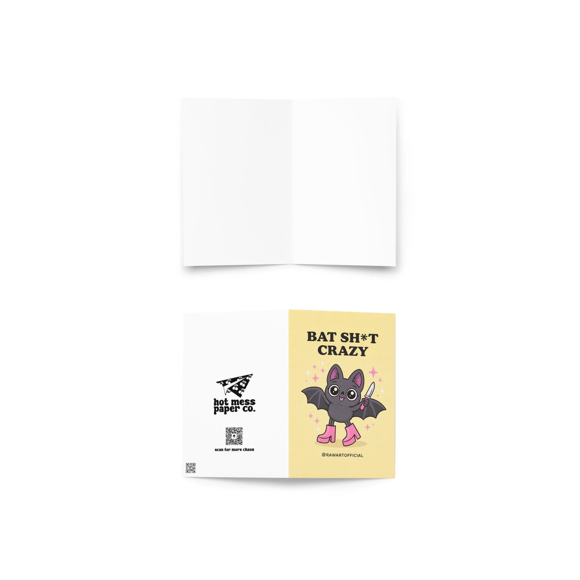 Spooky bat greeting card with cute bat holding knife and text “Batshit Crazy” on yellow background