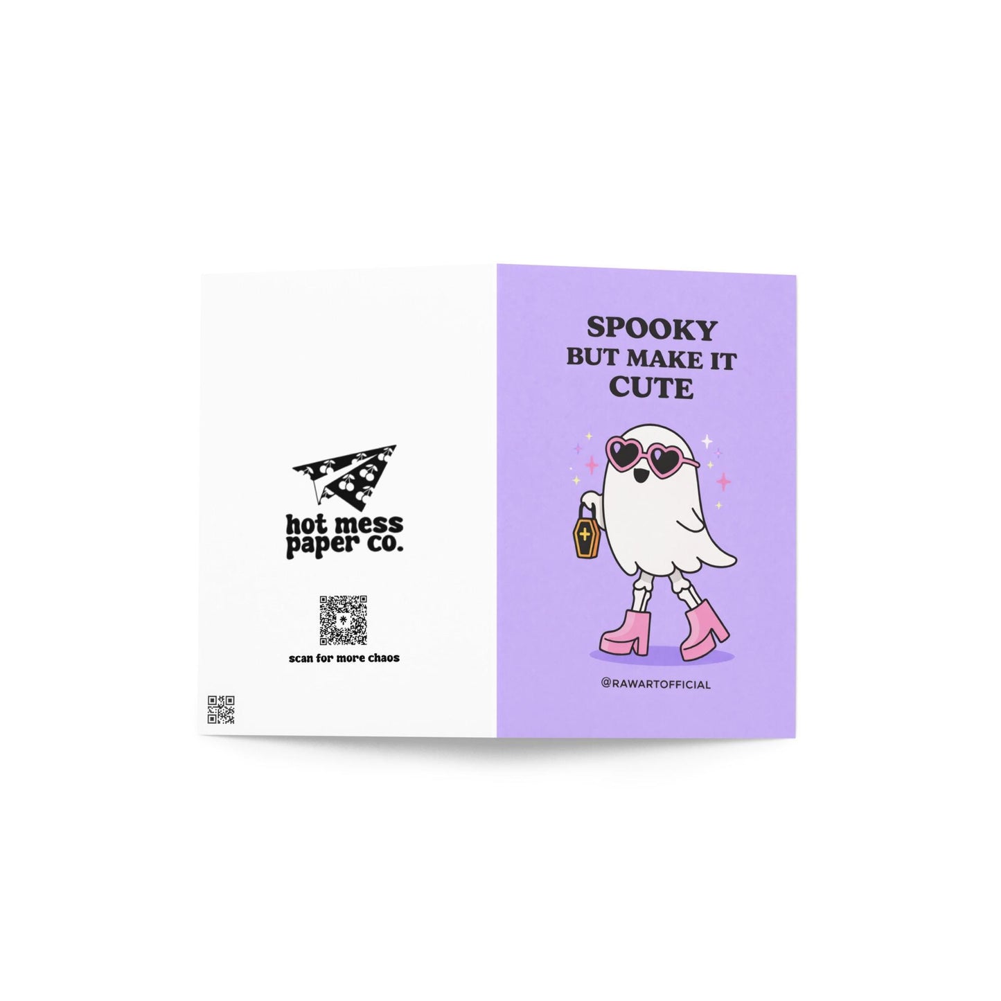 Spooky ghost greeting card with pink heart sunglasses and boots holding coffin bag on purple background with “Spooky but make it cute” text