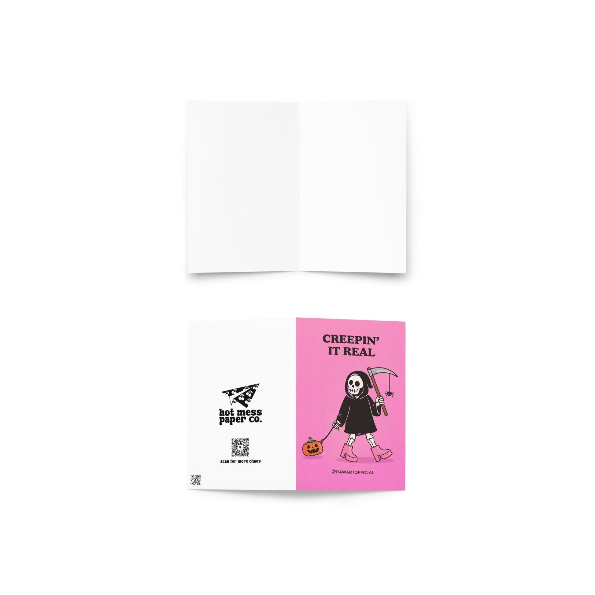 Funny spooky greeting card with skeleton holding scythe and pumpkin, text “creepin it real” on pink background