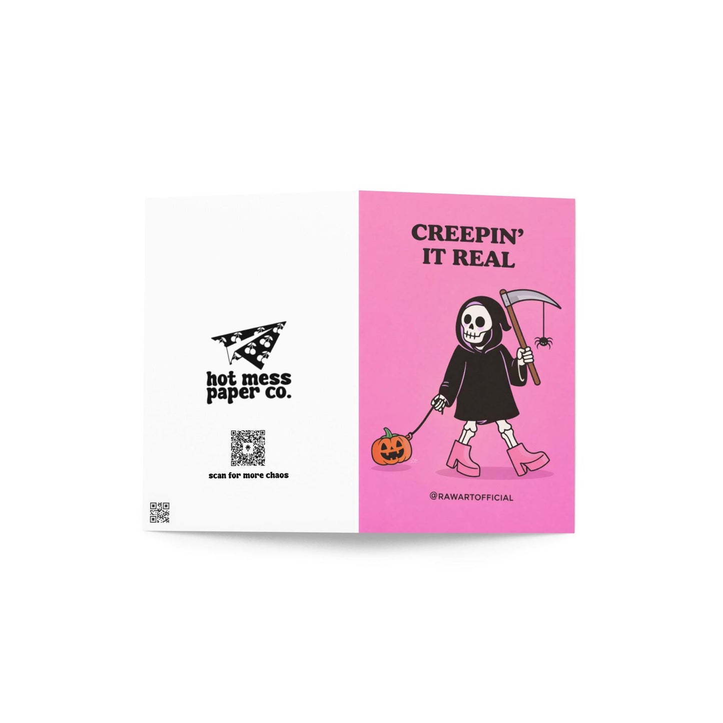 Funny spooky greeting card with skeleton holding scythe and pumpkin, text “creepin it real” on pink background