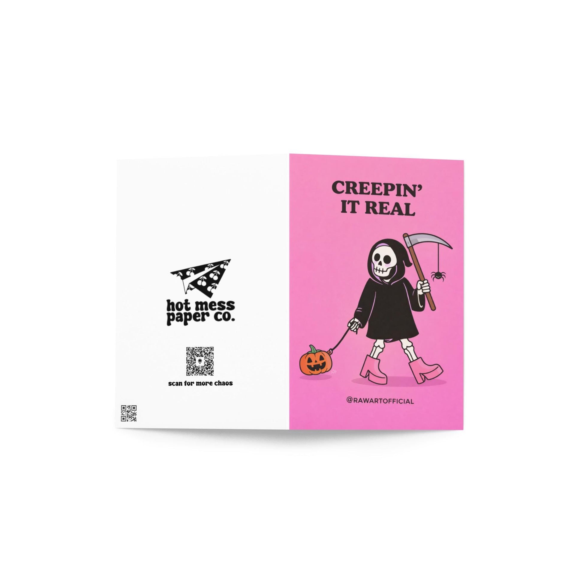 Funny spooky greeting card with skeleton holding scythe and pumpkin, text “creepin it real” on pink background