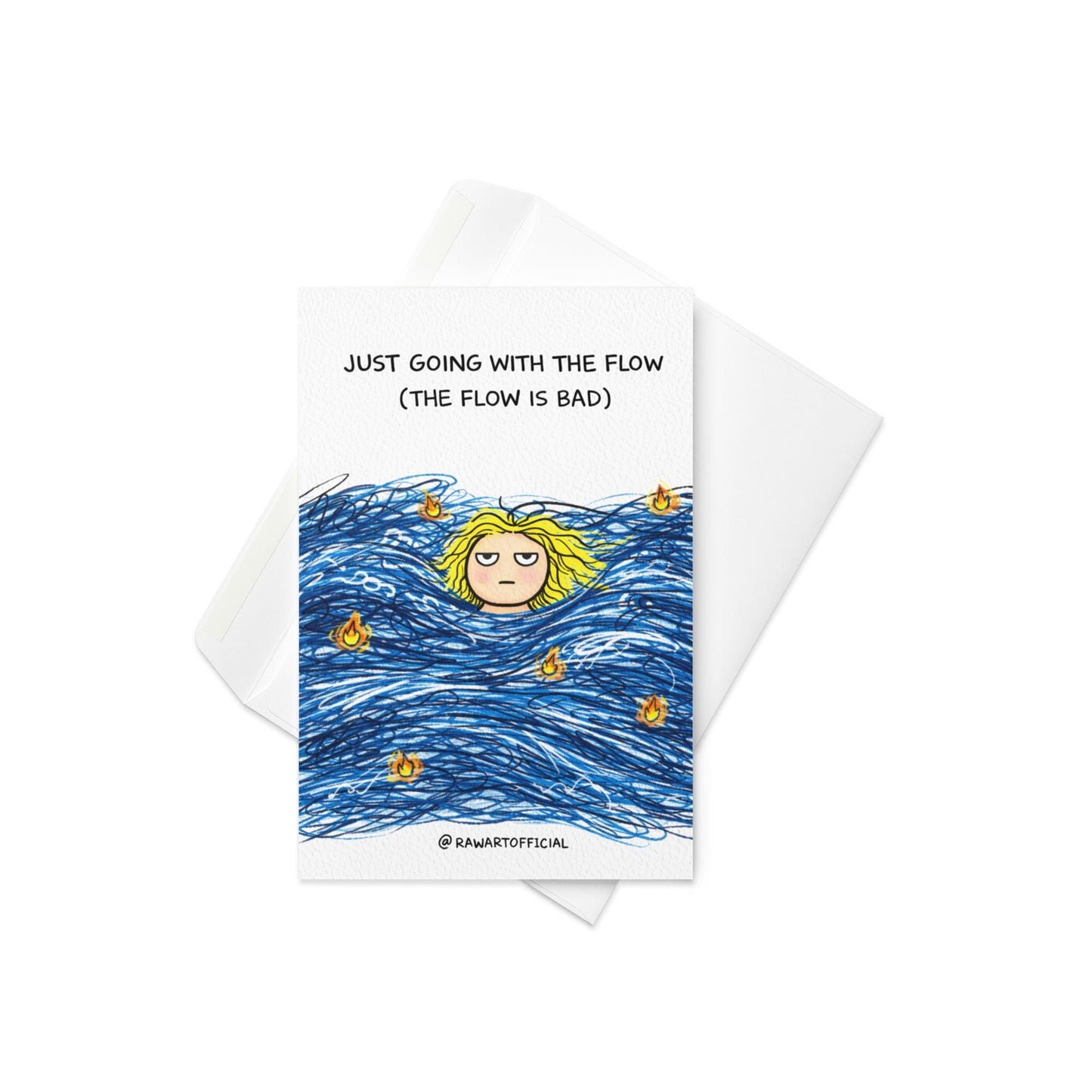 Funny greeting card with scribble waves and tired person floating, text “just going with the flow the flow is bad” on white background