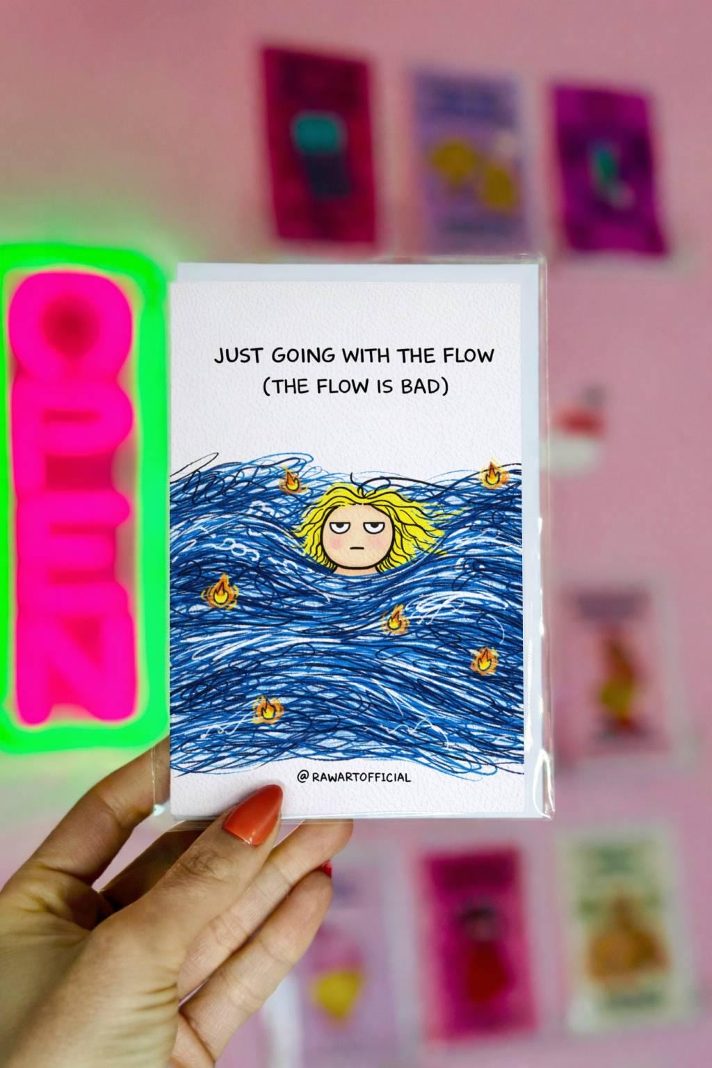 Funny greeting card with scribble waves and tired person floating, text “just going with the flow the flow is bad” on white background