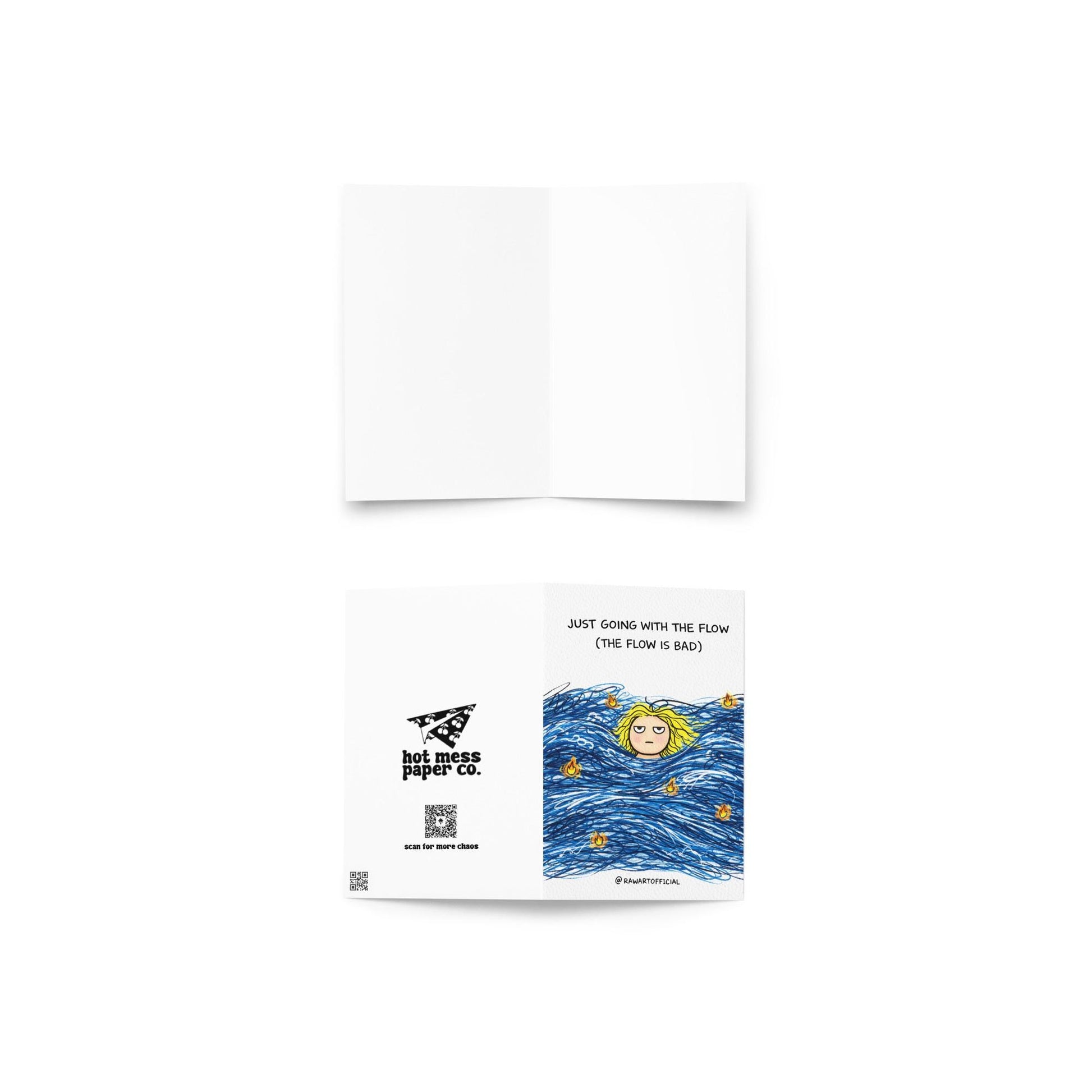 Funny greeting card with scribble waves and tired person floating, text “just going with the flow the flow is bad” on white background