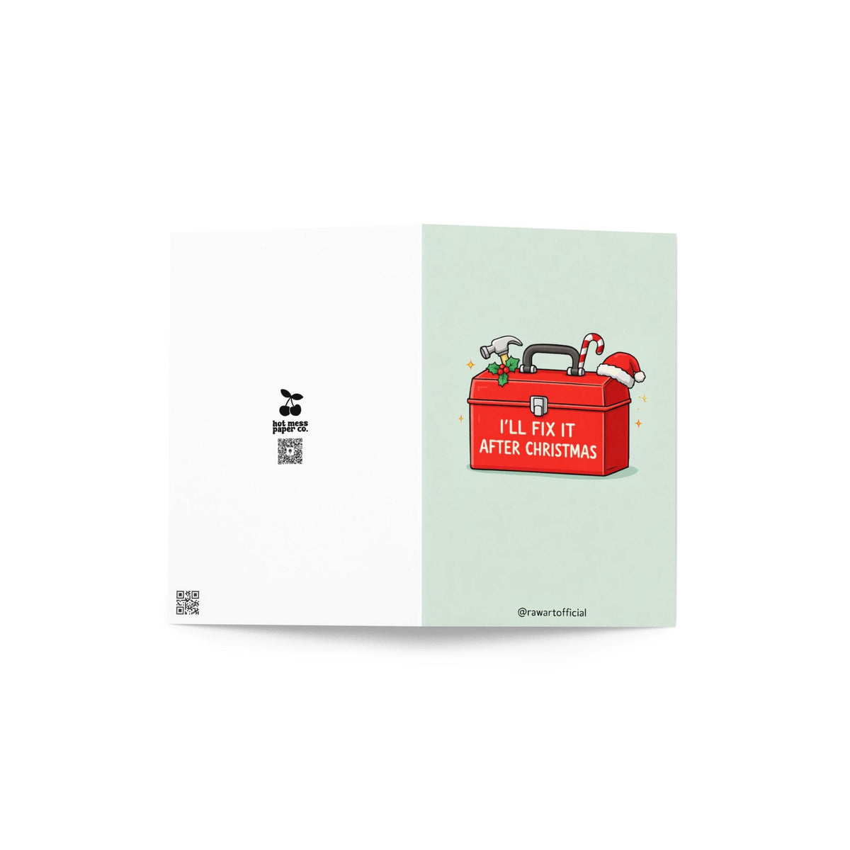 Funny Christmas card for dad with toolbox design reading “I’ll fix it after Christmas” on light blue background
