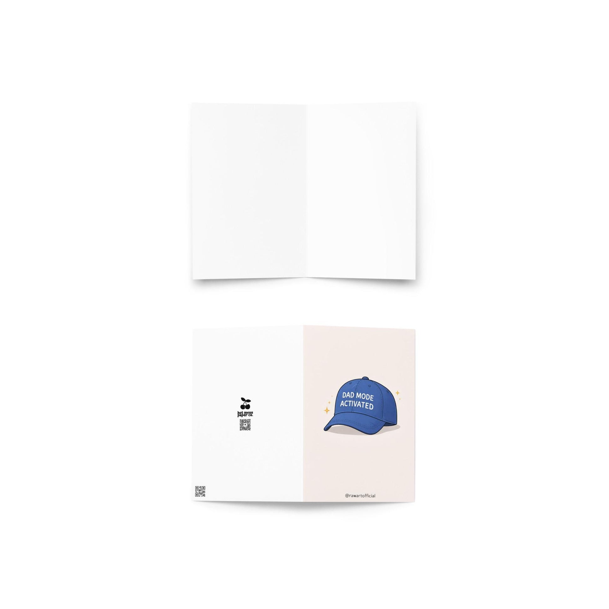 Funny dad greeting card featuring a blue hat that says “Dad Mode Activated” on a clean white background