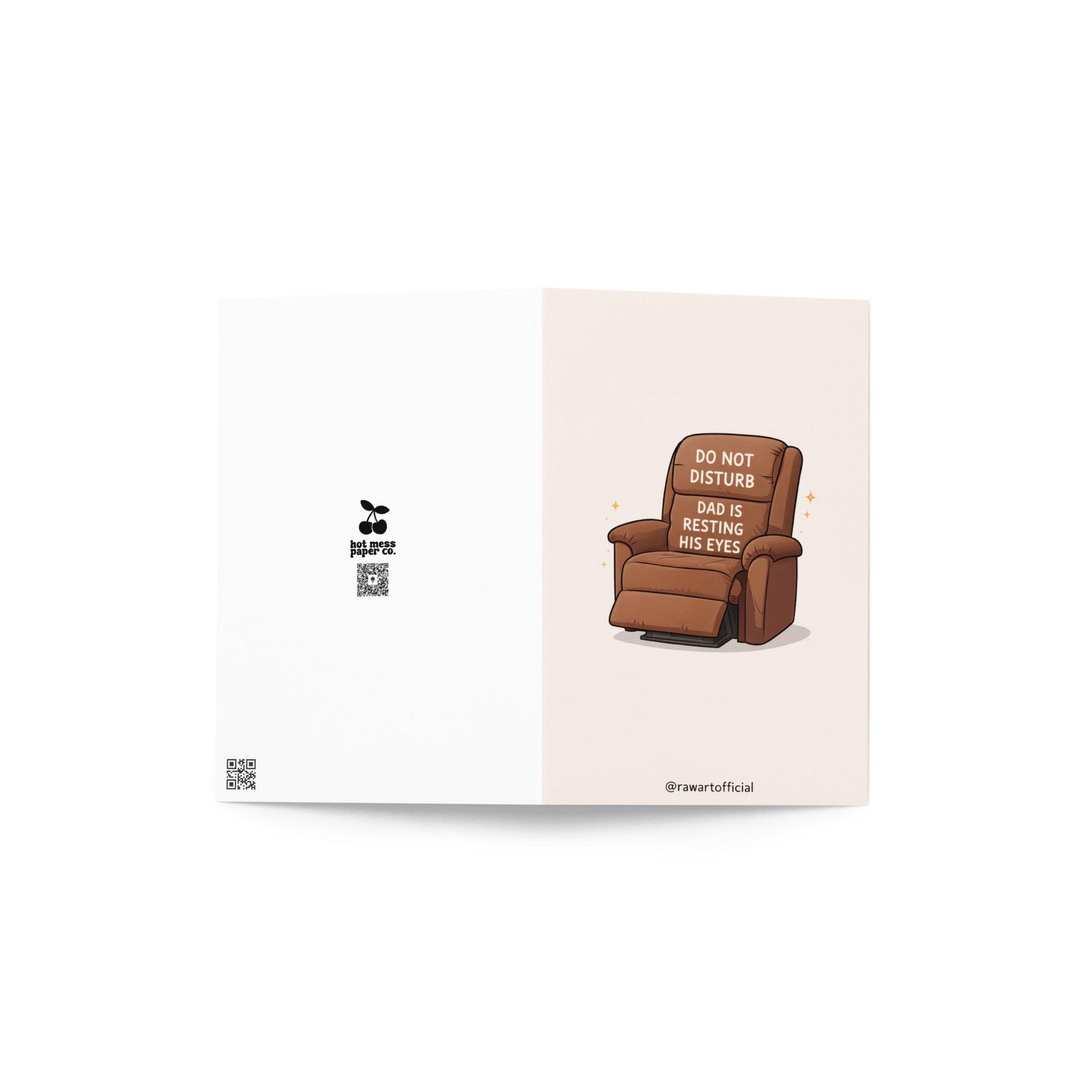 Funny dad greeting card featuring a recliner chair labeled “Do Not Disturb Dad Is Resting His Eyes” on a white background