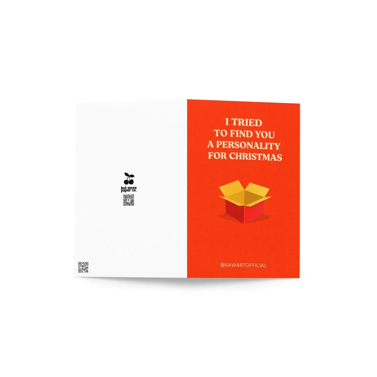 Funny brother Christmas greeting card with text “I tried to find you a personality for Christmas” and open gift box illustration on red background