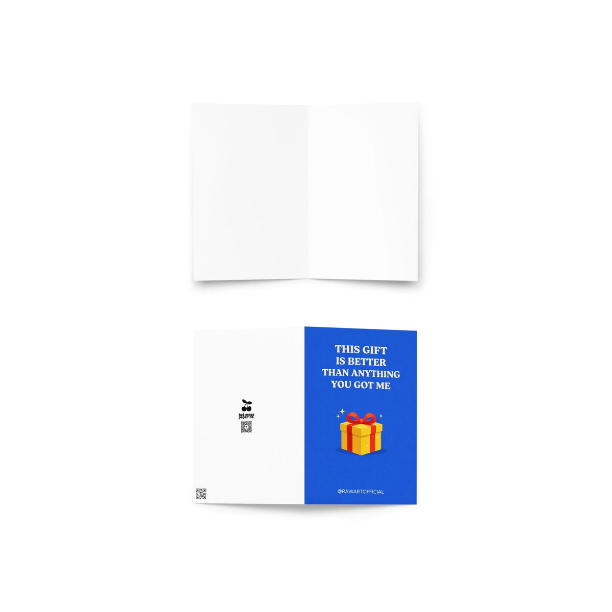 Funny brother Christmas greeting card with text “This gift is better than anything you got me” and present illustration on blue background
