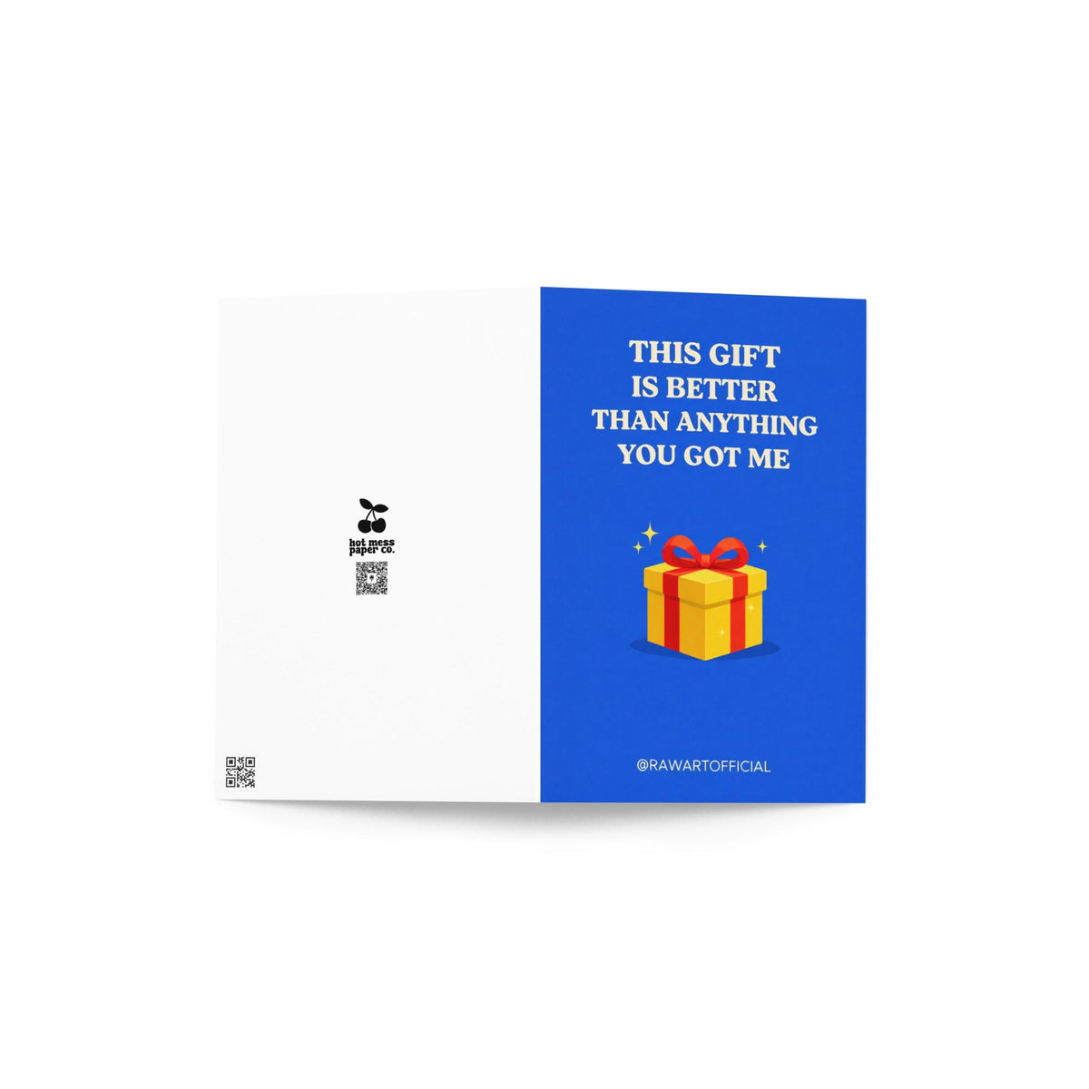 Funny brother Christmas greeting card with text “This gift is better than anything you got me” and present illustration on blue background