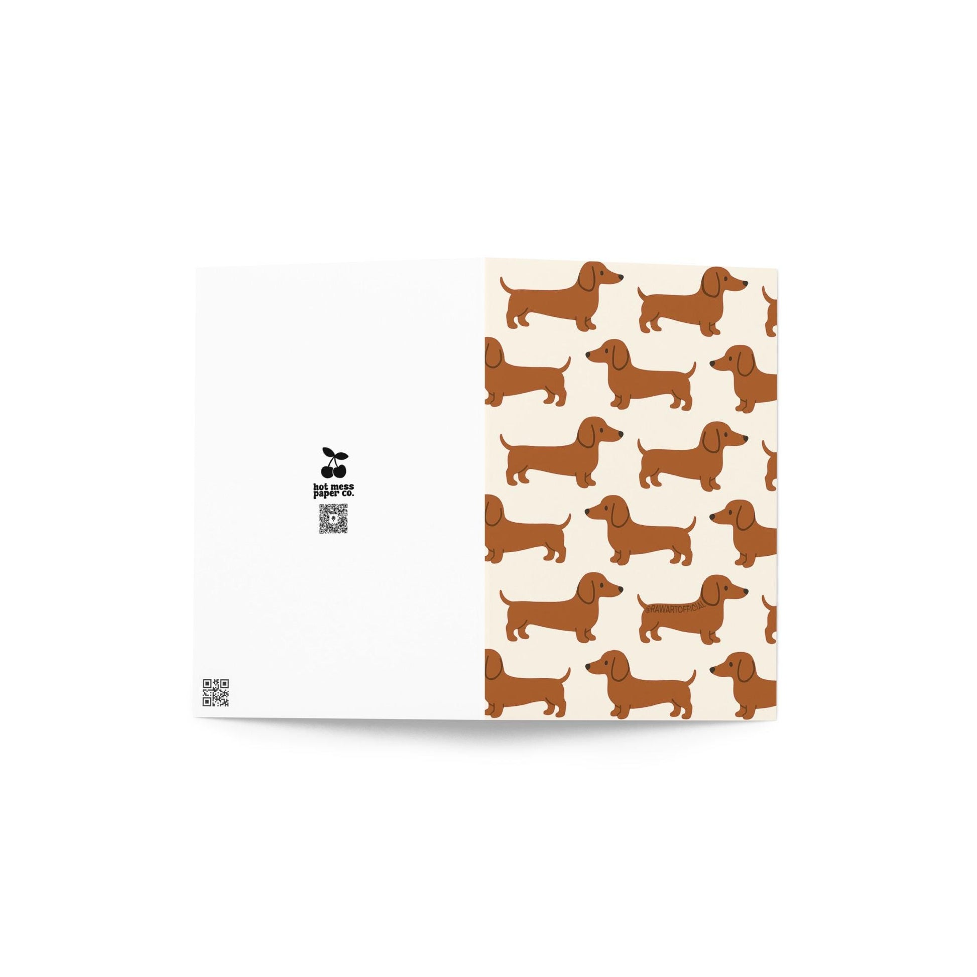 Cute greeting card featuring a repeating dachshund pattern with brown wiener dogs on a neutral background in a simple retro style