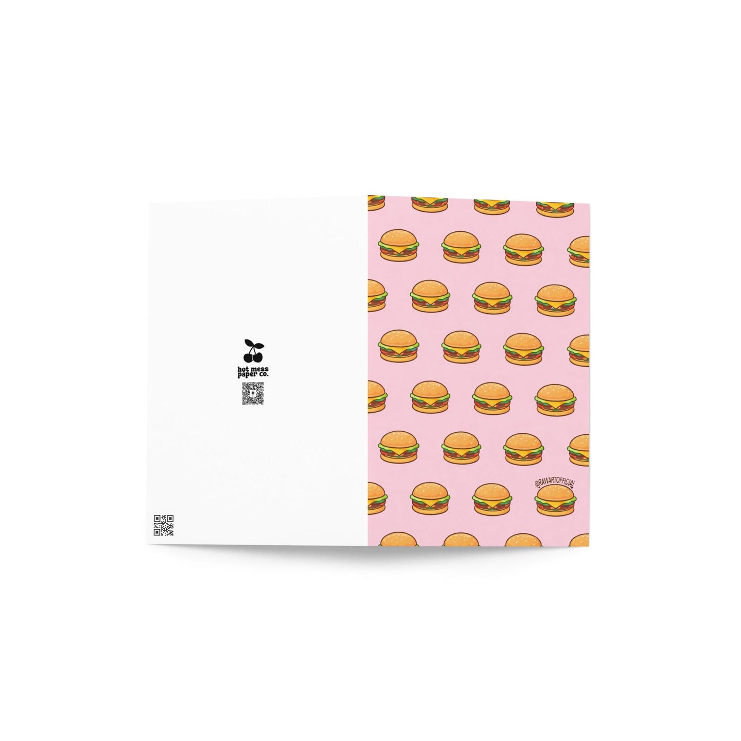 Cute greeting card featuring a repeating cheeseburger pattern on a pink background in a playful retro style