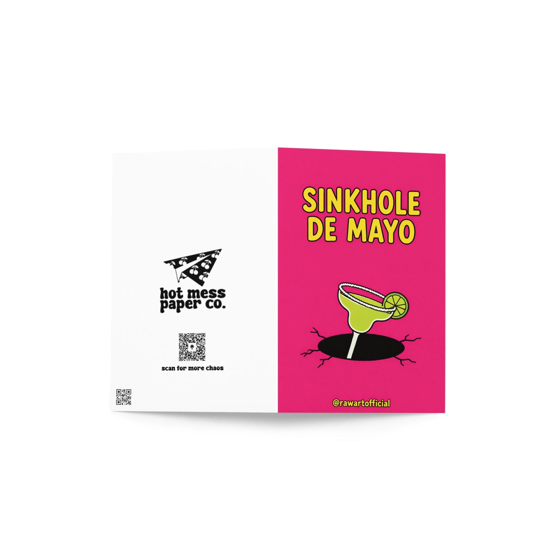 Funny Cinco de Mayo greeting card with a margarita falling into a sinkhole and text “Sinkhole De Mayo” on a pink background