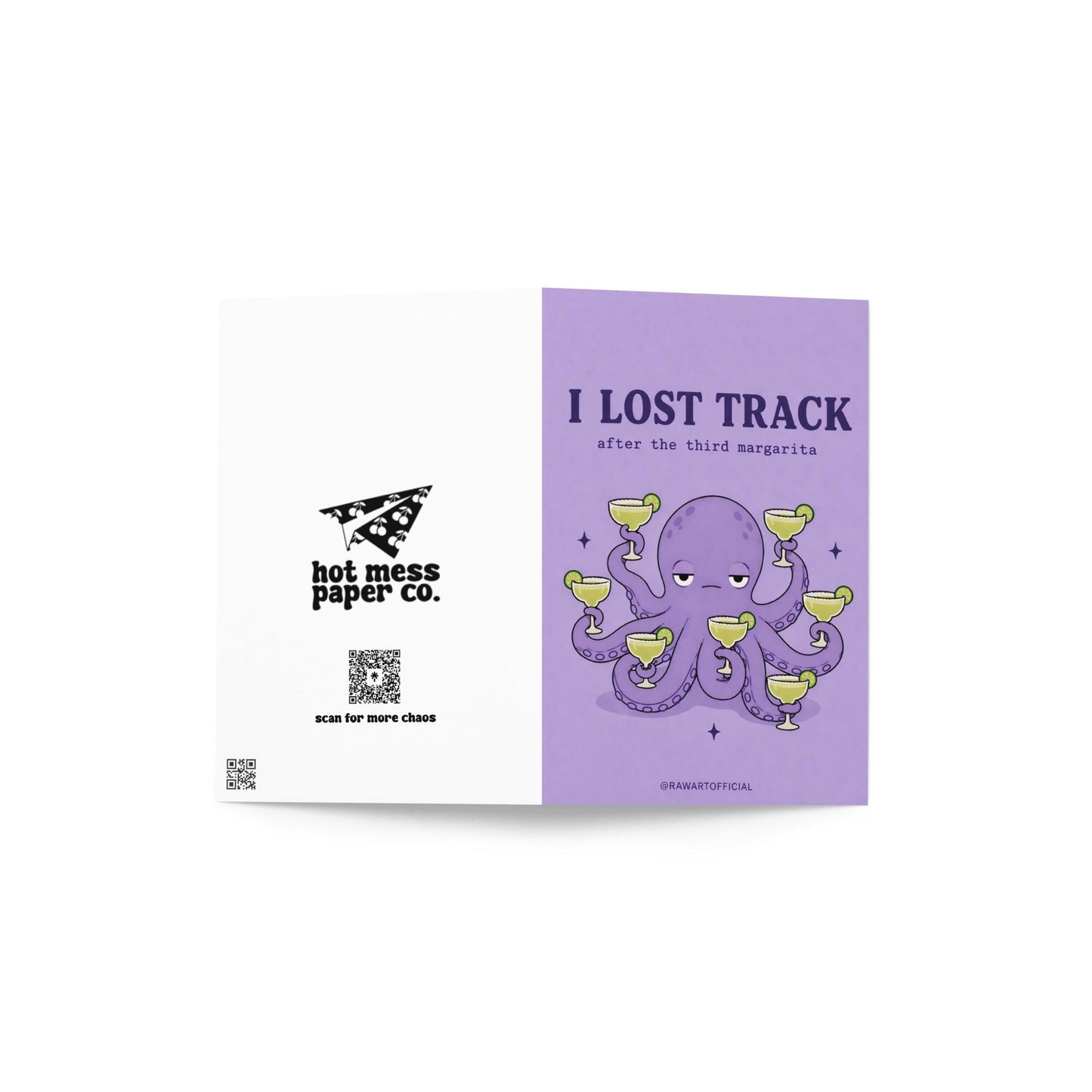 Funny drinking greeting card with an octopus holding margaritas and text “I lost track after the third margarita” on a purple background