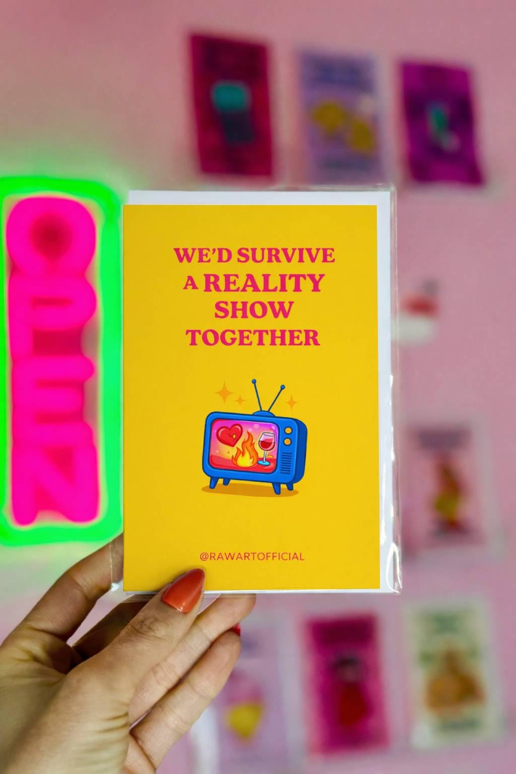Funny birthday card with text “We’d survive a reality show together” and a retro TV illustration on a yellow background