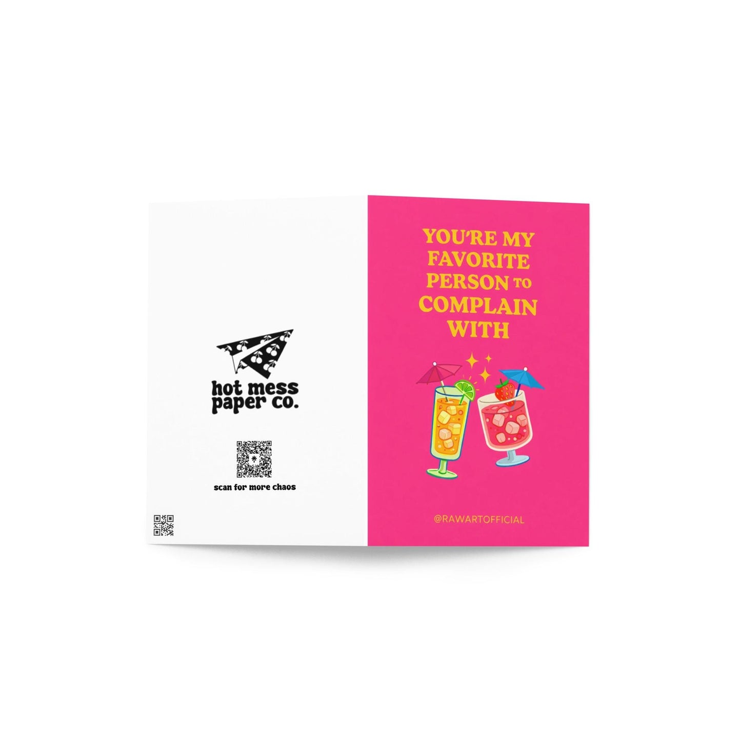 Funny friendship card with two cocktails and text “You’re my favorite person to complain with” on a bright pink background