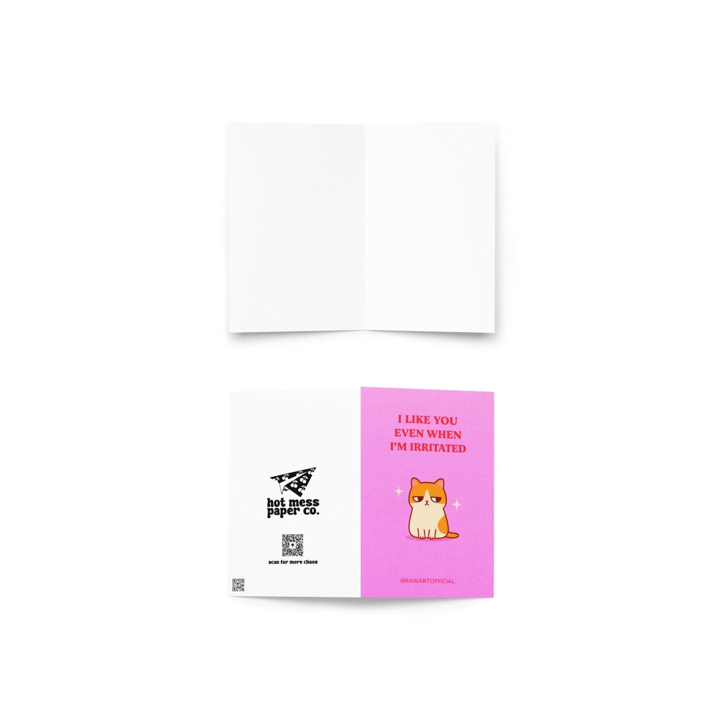 Funny love card featuring an unimpressed orange and white cat with text “I like you even when I’m irritated” on a pink background