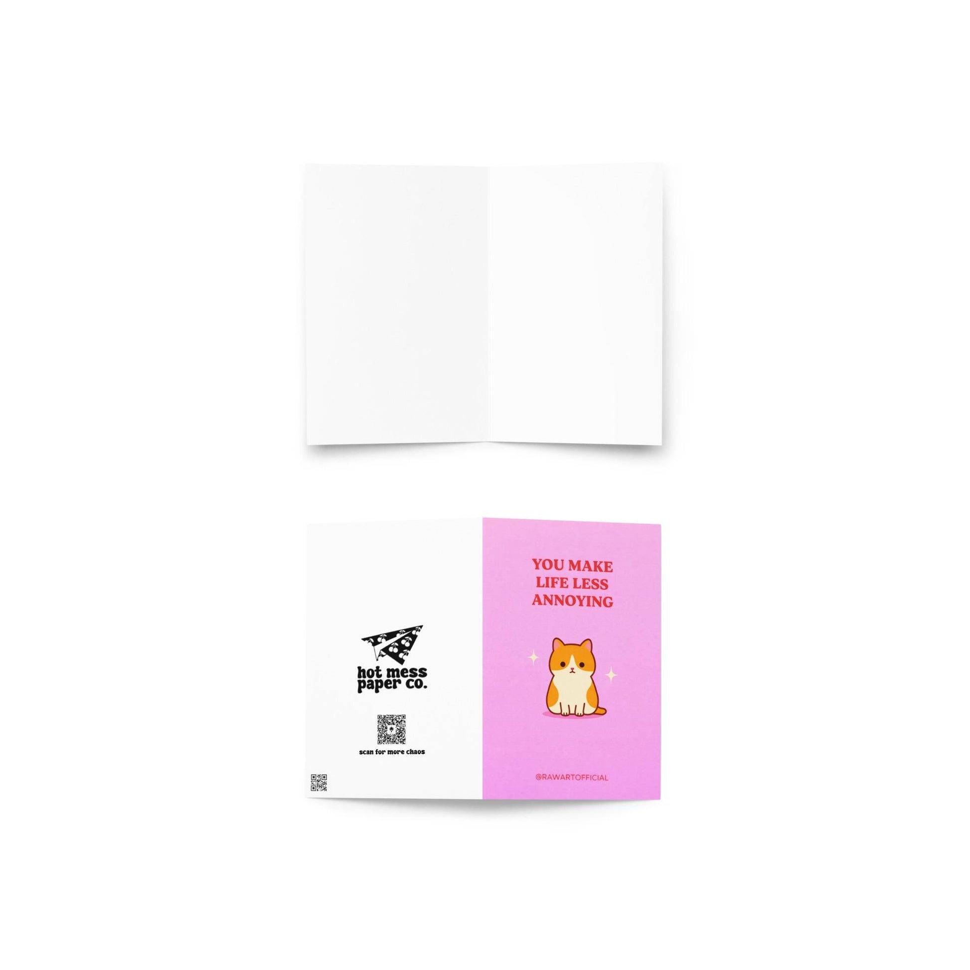 Funny relationship card with text “you make life less annoying” in colorful retro typography on a bold background