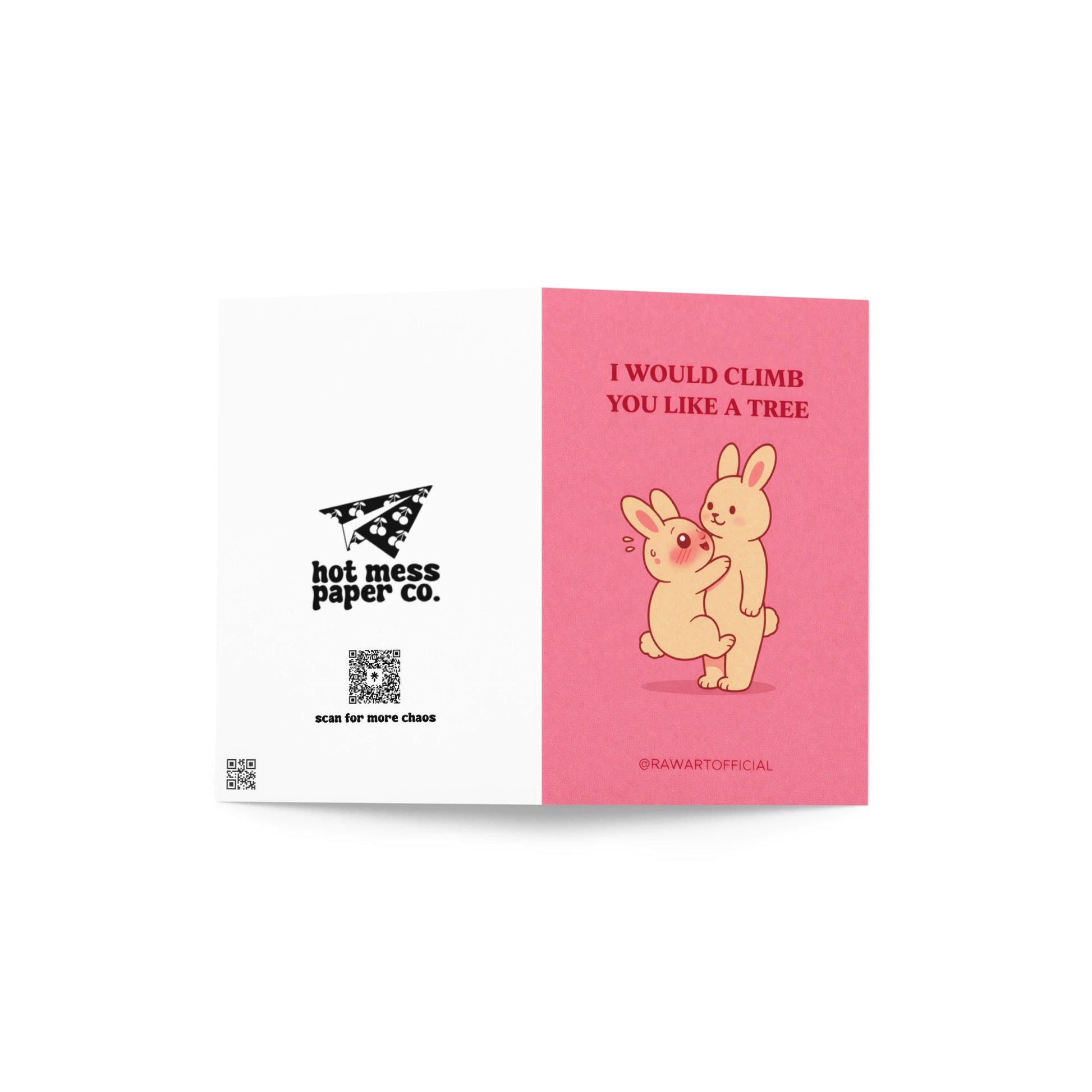 Funny romantic card with two bunnies and text “I would climb you like a tree” on a pink background