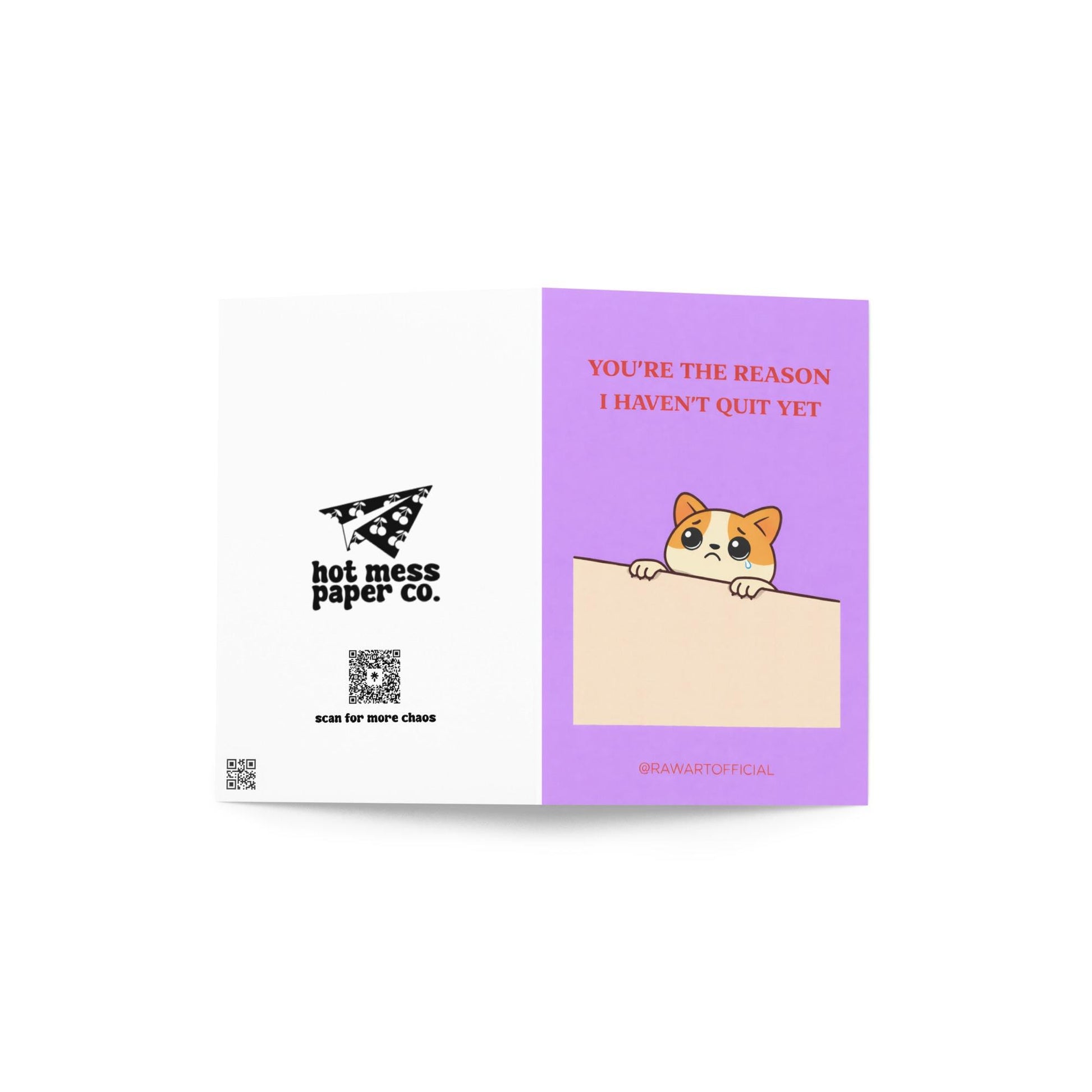 Funny coworker card with text “you’re the reason I haven’t quit yet” on a pastel background
