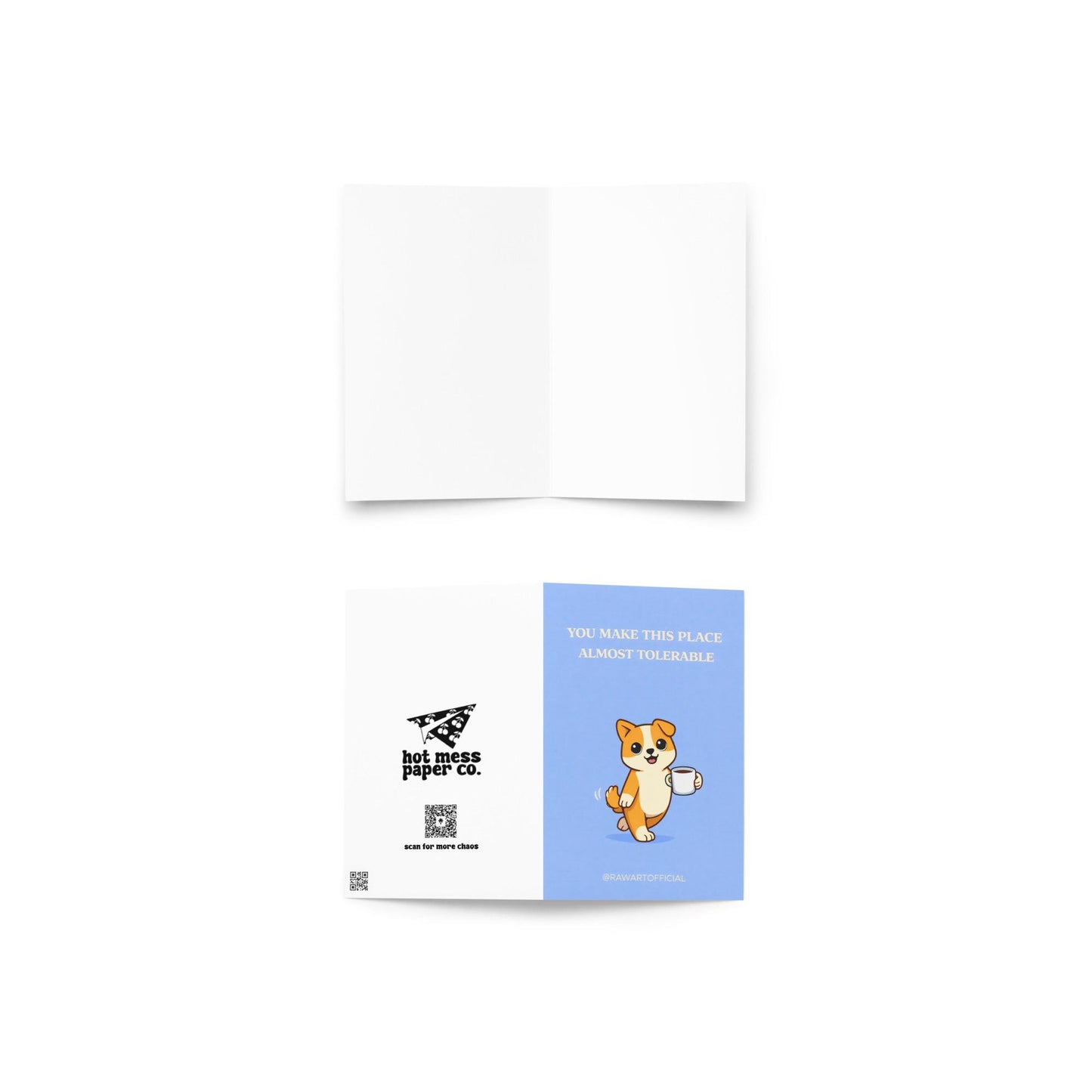 Funny coworker design with text “you make this place almost tolerable” featuring a dog holding coffee on a blue background
