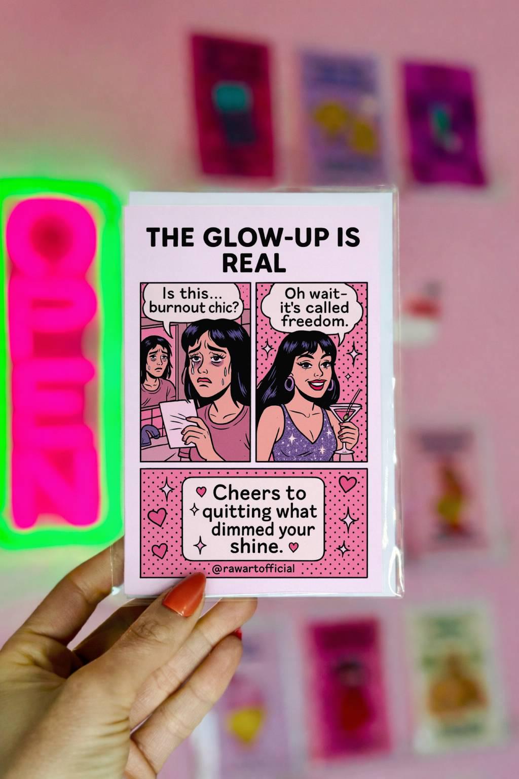 Retro comic style design showing burnout to glow up transformation with text about quitting what dimmed your shine