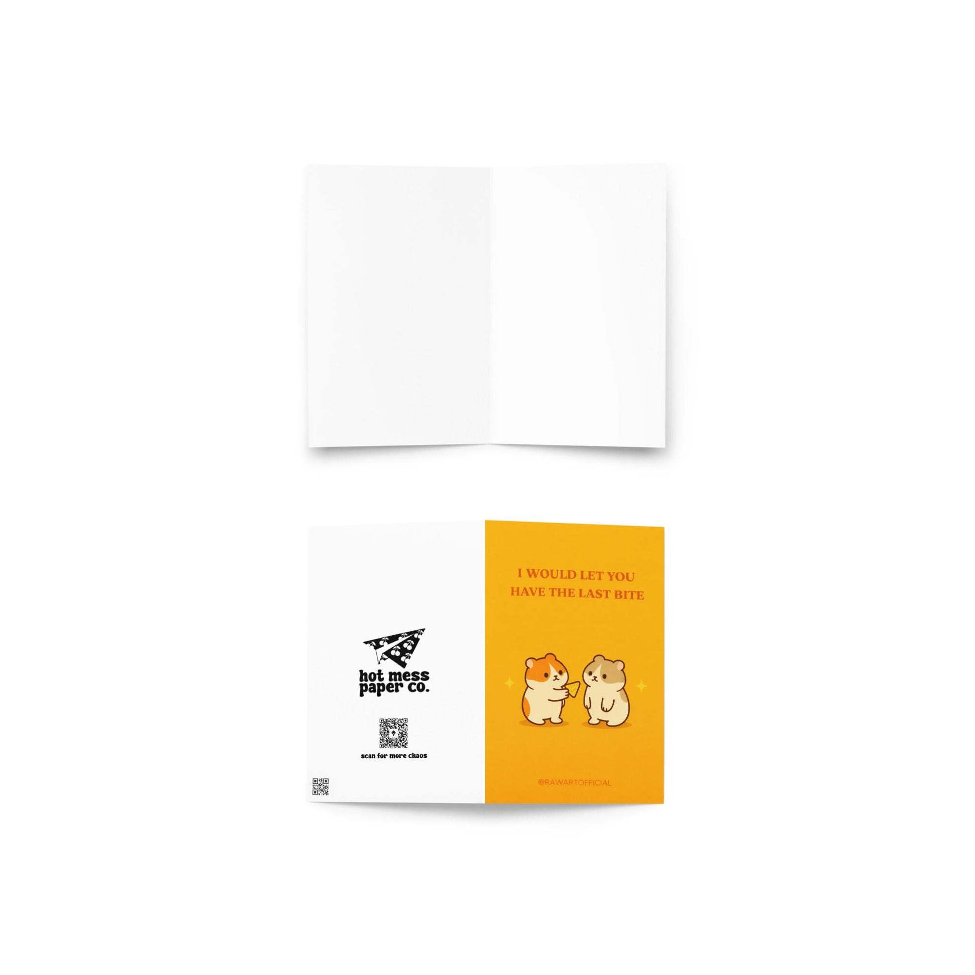 Cute romantic greeting card with two characters sharing food and text “I would let you have the last bite” on yellow background