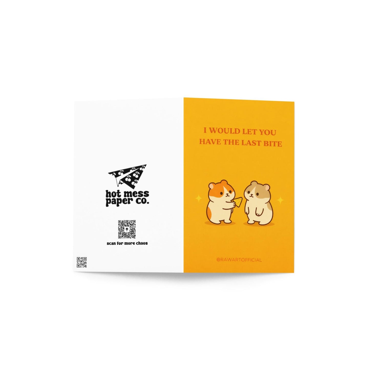 Cute romantic greeting card with two characters sharing food and text “I would let you have the last bite” on yellow background