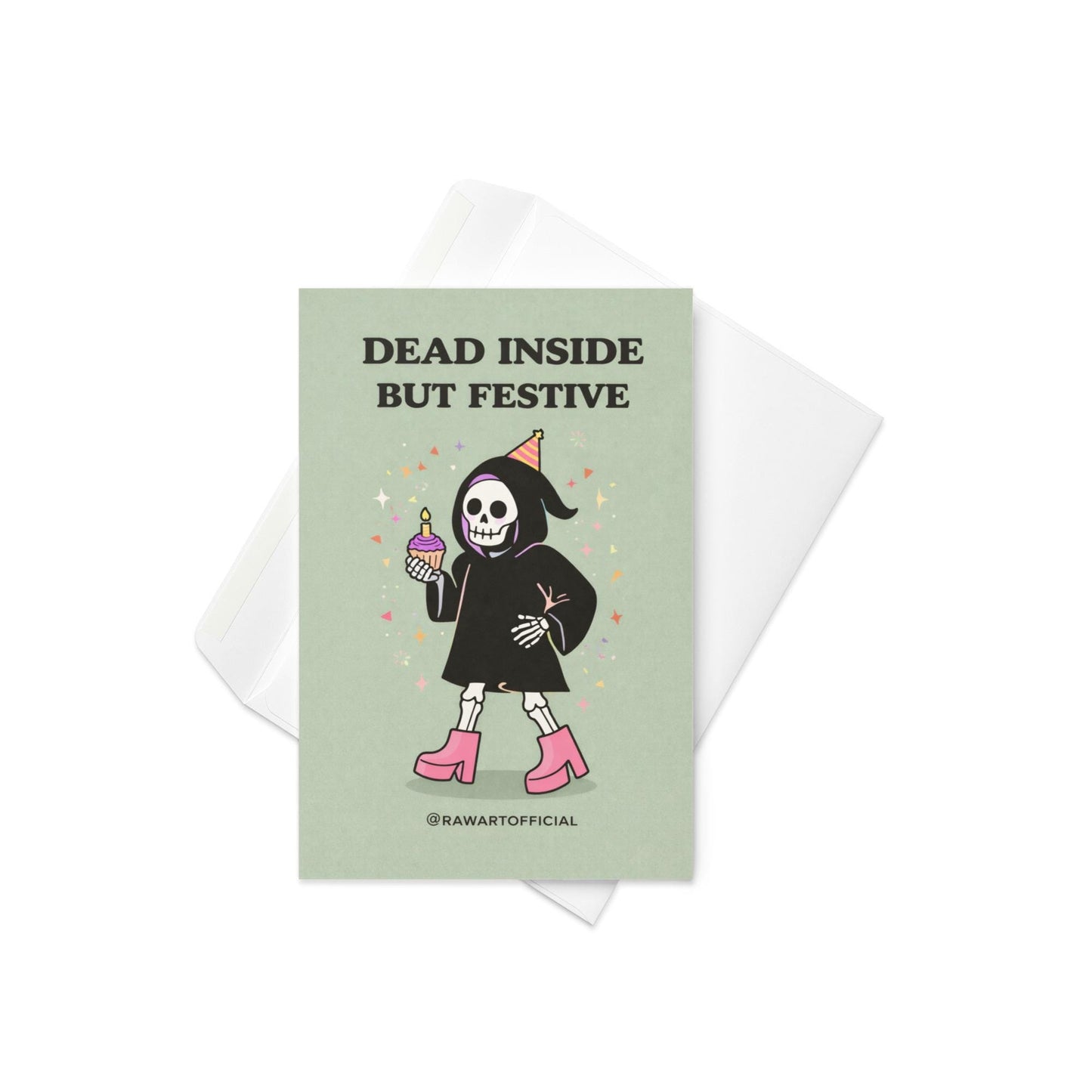 Spooky greeting card with text “Dead inside but festive” on light background with minimalist Halloween style