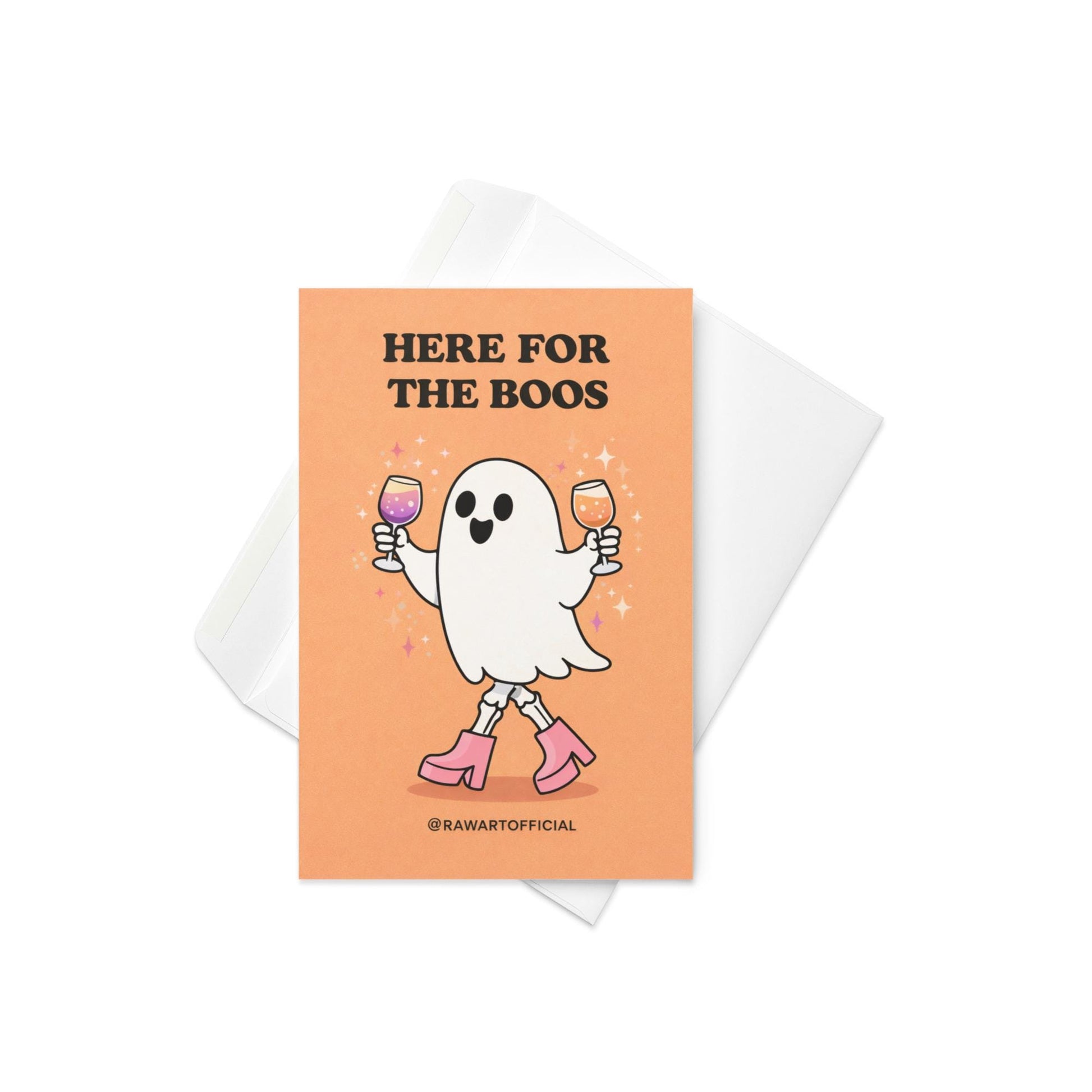 Spooky ghost greeting card with “here for the boos” drinking joke on festive Halloween style background